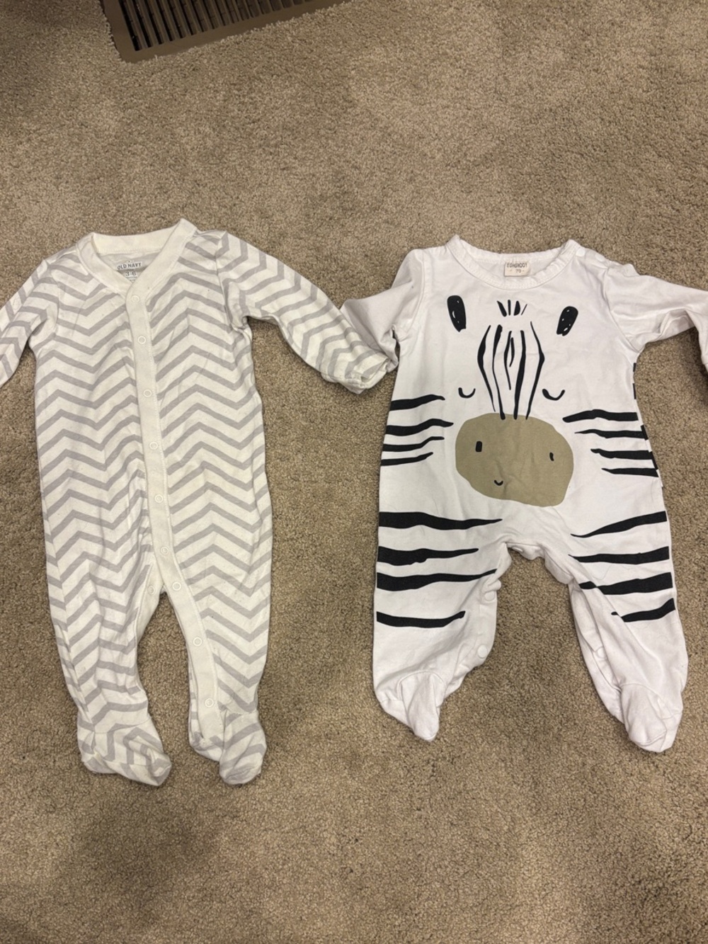 Gray Chevron and White Zebra Print Footed One-Pieces 3-6 mos.